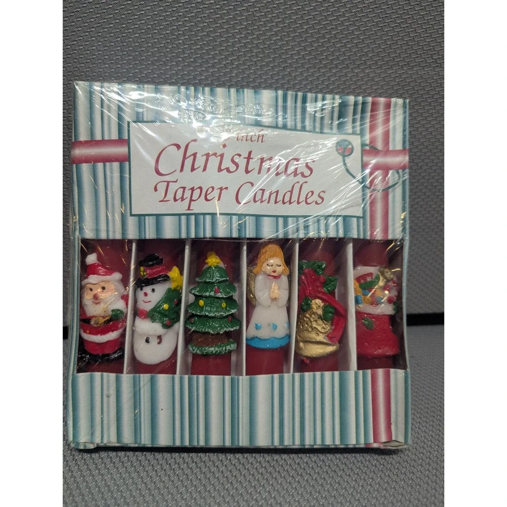 Vintage Christmas Taper Candles Set of 6 Red Wax Santa Snowman Tree Angel 6 inch